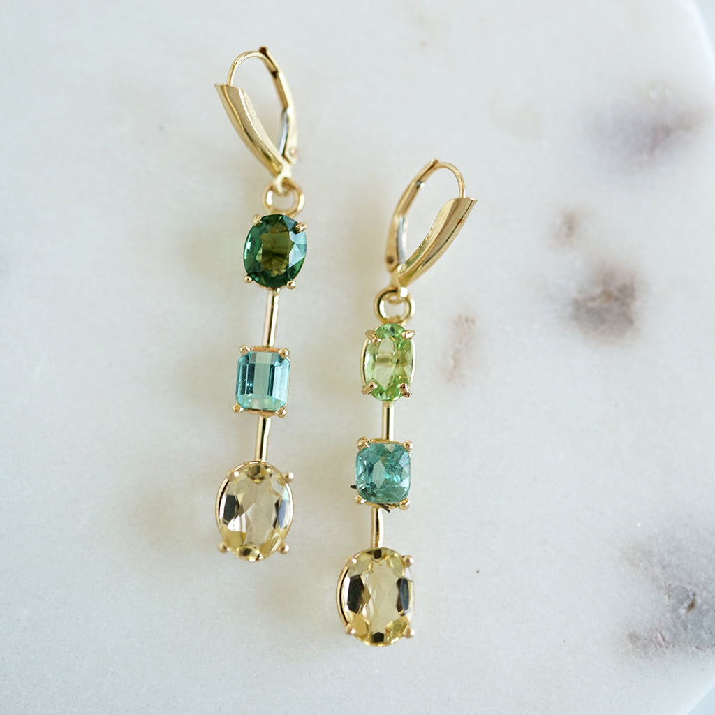 Triple Tourmaline Beryl gold earrings