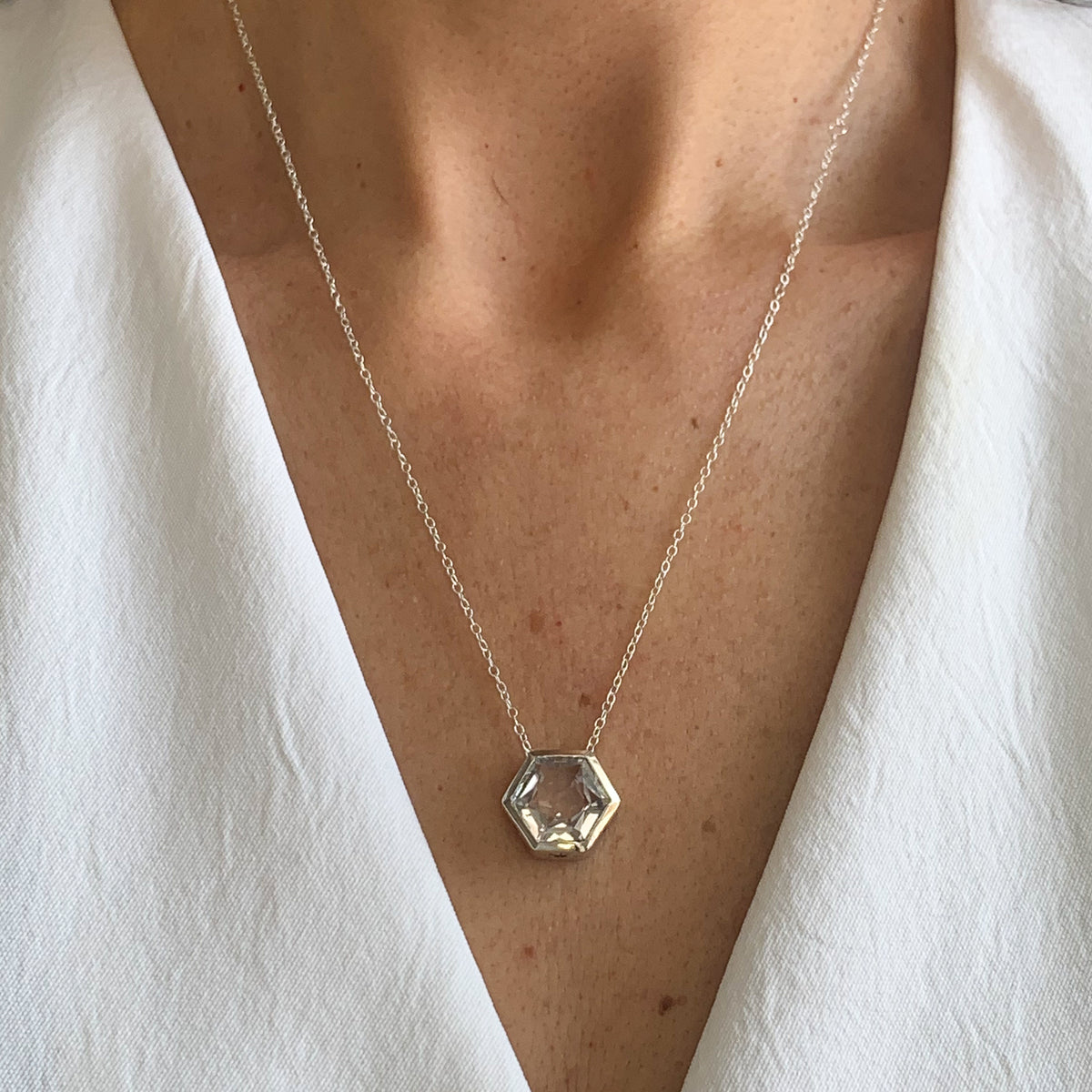 Hexagon White Quartz silver necklace