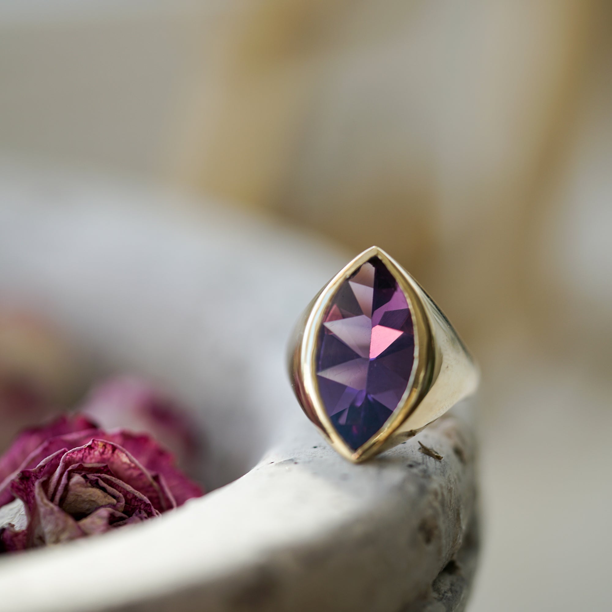 Marquise Mirror cut amethyst gold ring