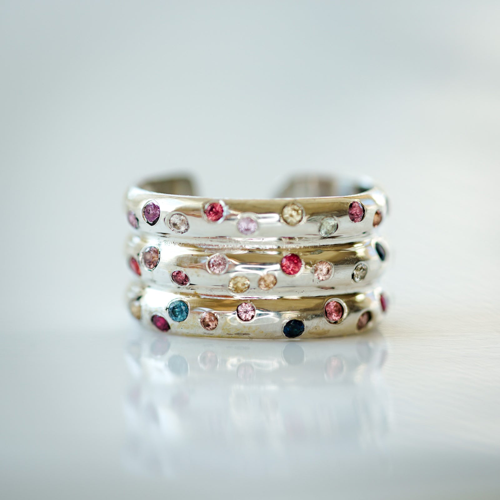 triple cuff ear cuff in silver with multicolor sapphires