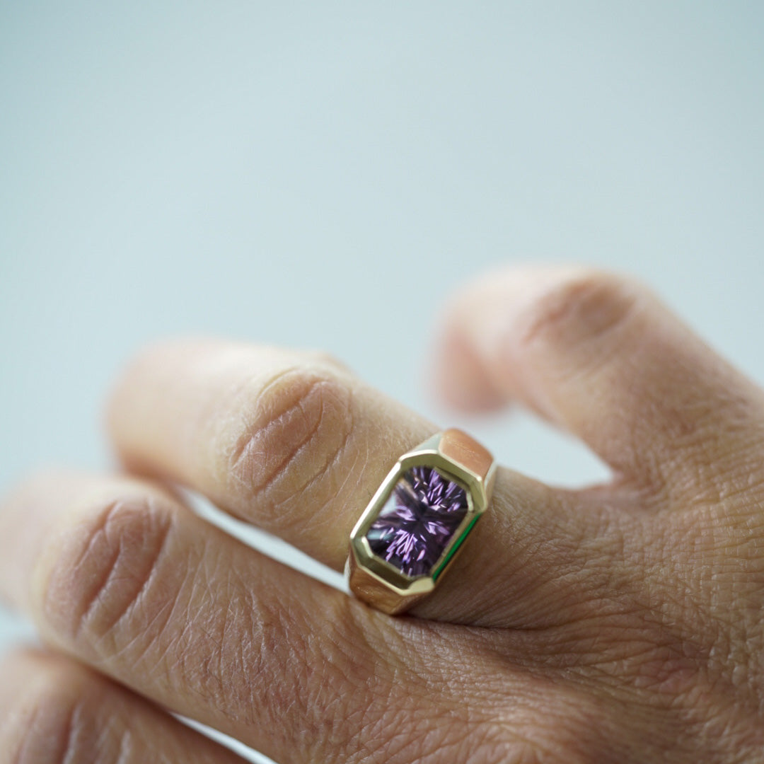 modern ring in gold set with an octagon ametrine 