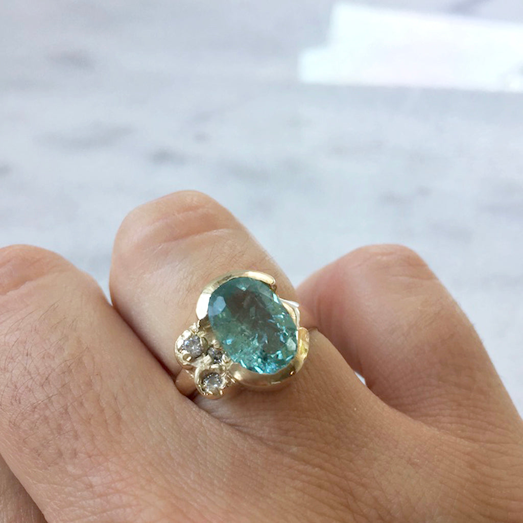 Paraíba Tourmaline and Diamond Halo Ring| 1 Carat Tourmaline Engagement Ring