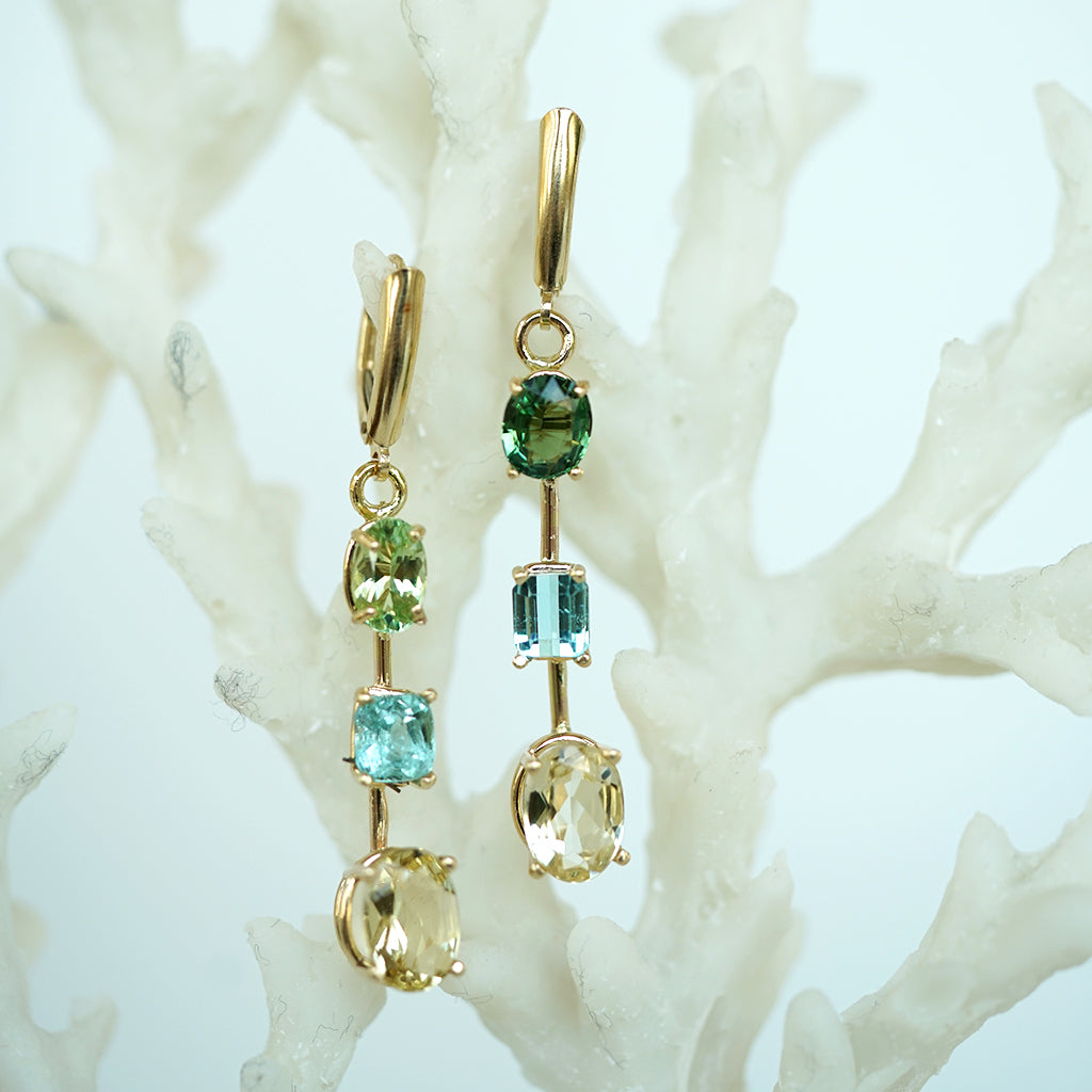 Triple Tourmaline Beryl gold earrings