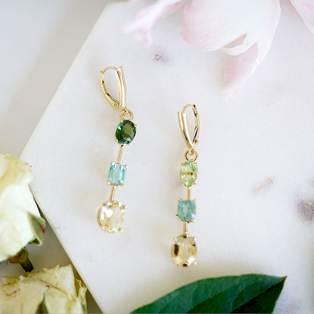 Triple Tourmaline Beryl gold earrings