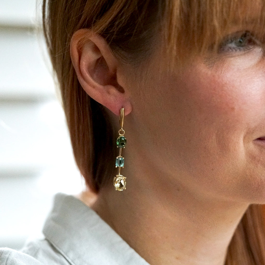 Triple Tourmaline Beryl gold earrings