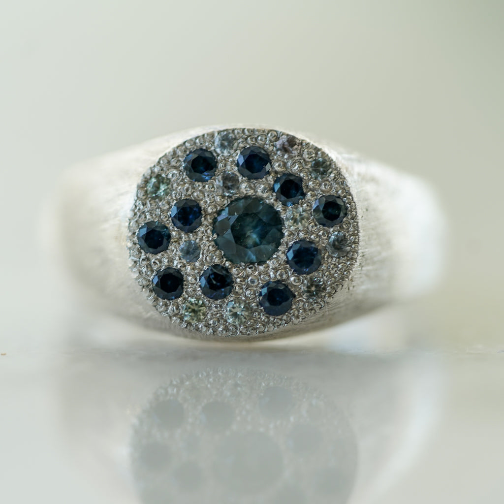 Blue sapphire round signet sapphire silver ring