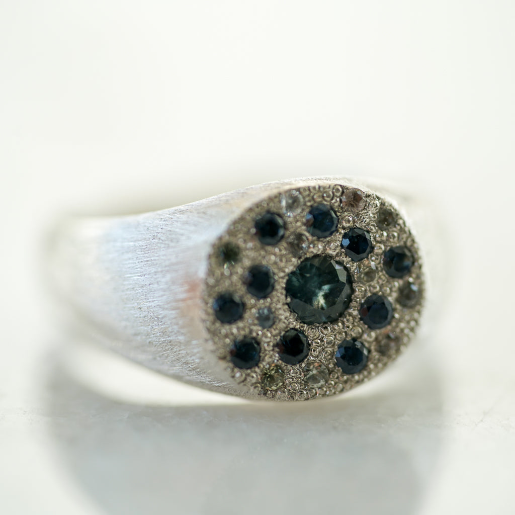 Blue sapphire round signet sapphire silver ring