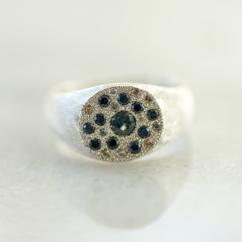 Blue sapphire round signet sapphire silver ring