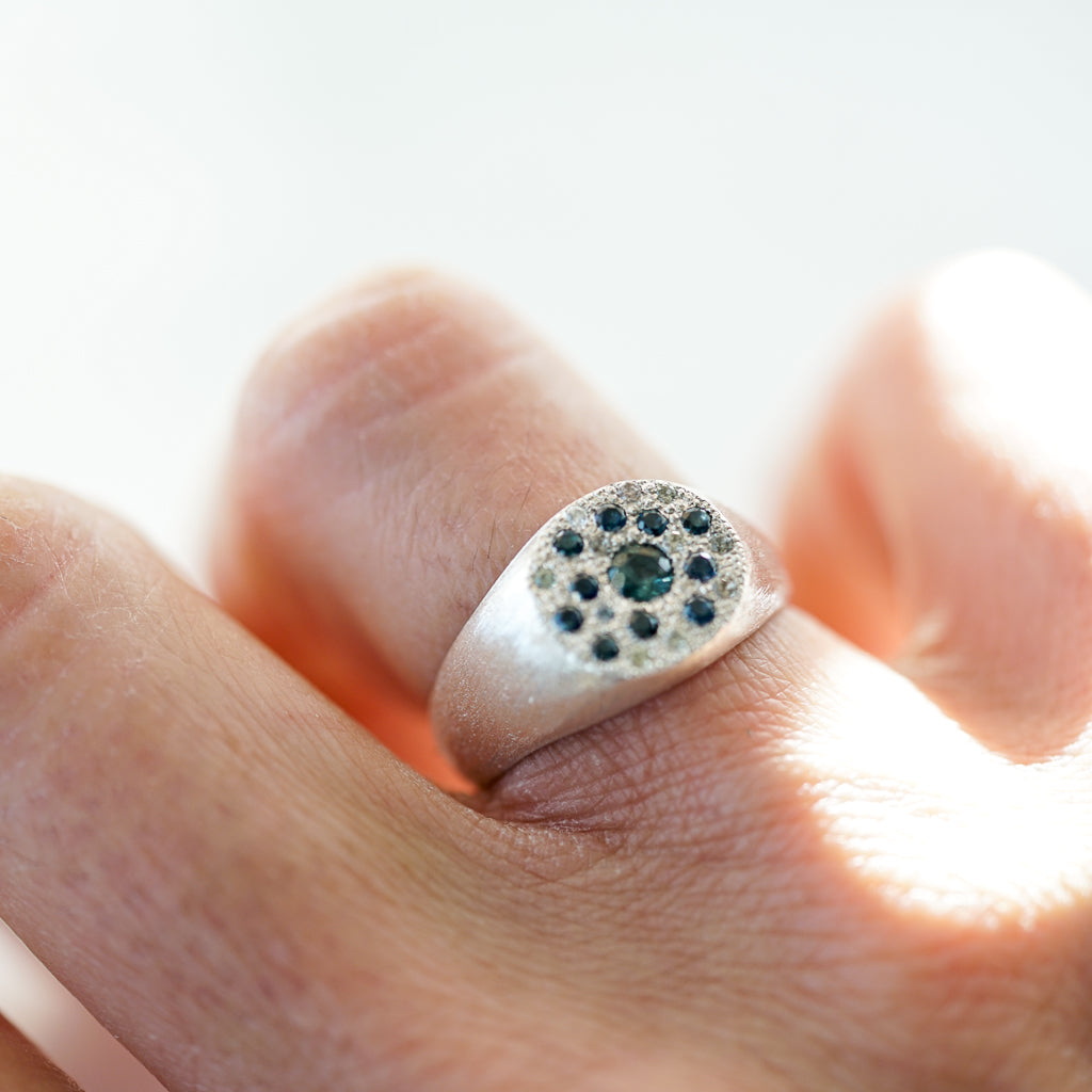 Blue sapphire round signet sapphire silver ring