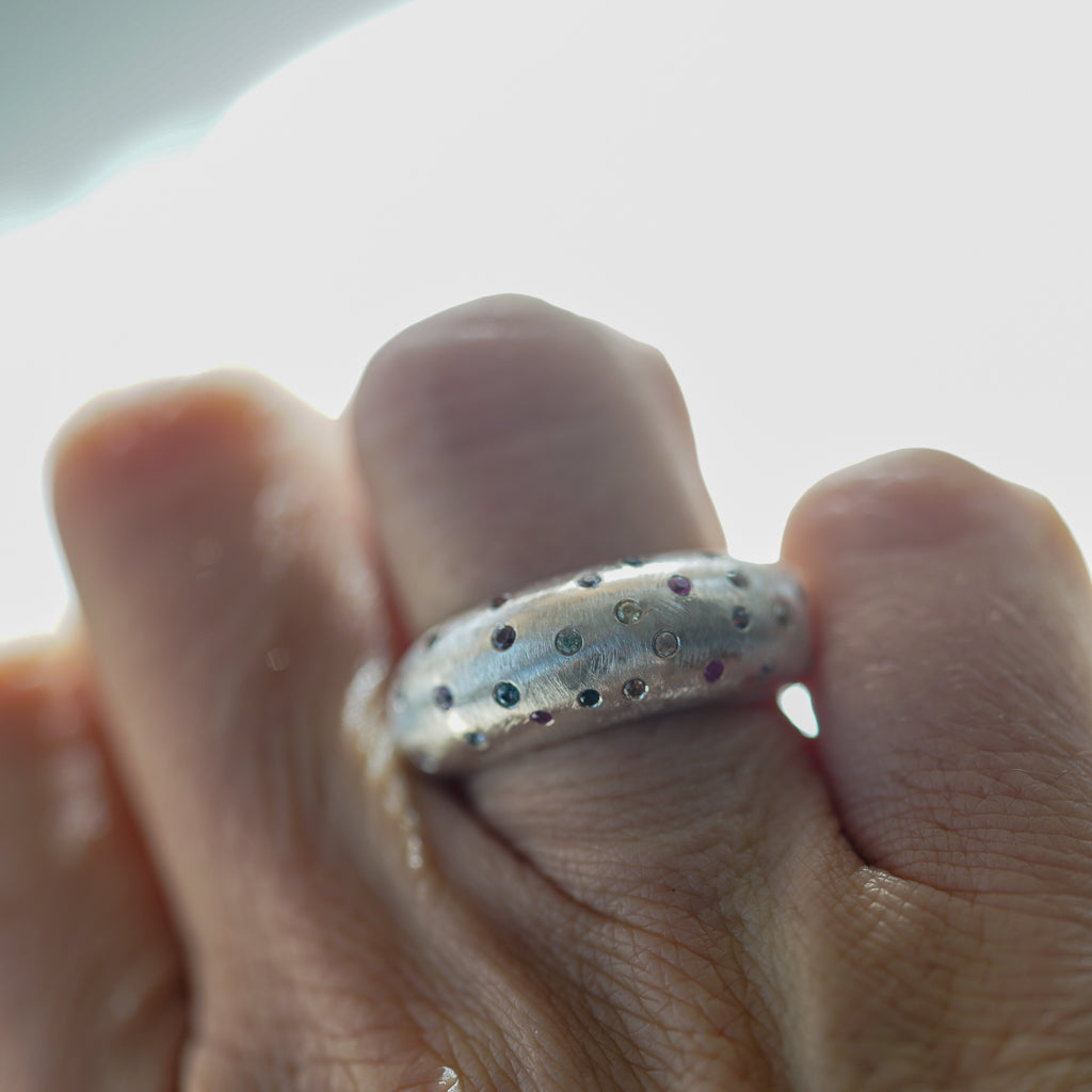 multicolor sapphire large ring in silver