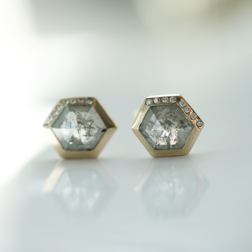 Salt and Pepper Hexagon Diamond earrings w/ accent diamonds