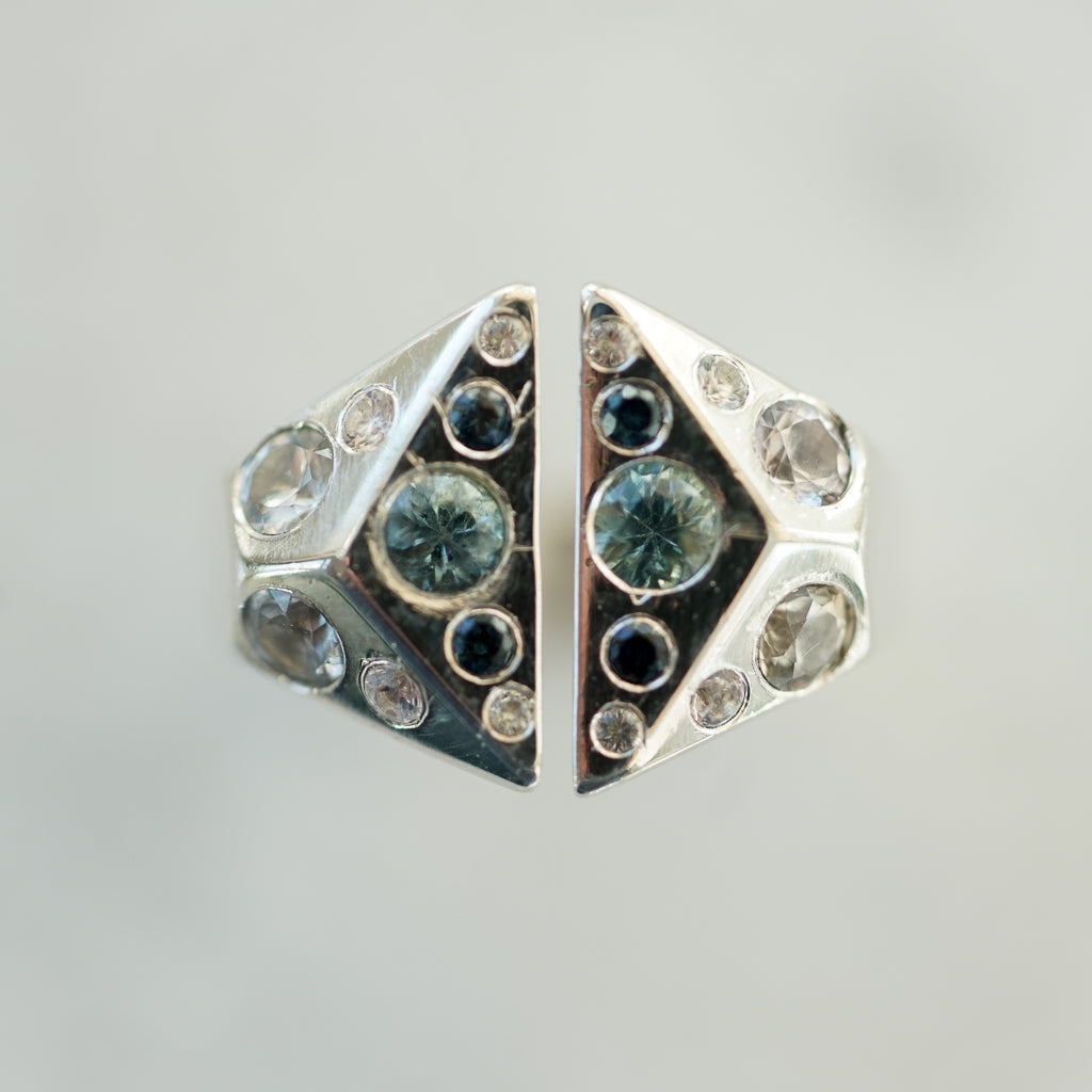 Blue and white sapphire geometric signet silver ring