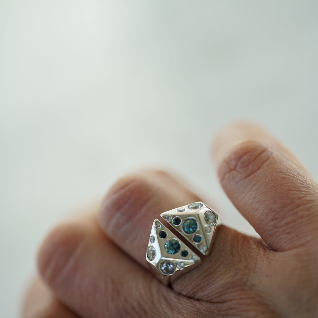 Blue and white sapphire geometric signet silver ring