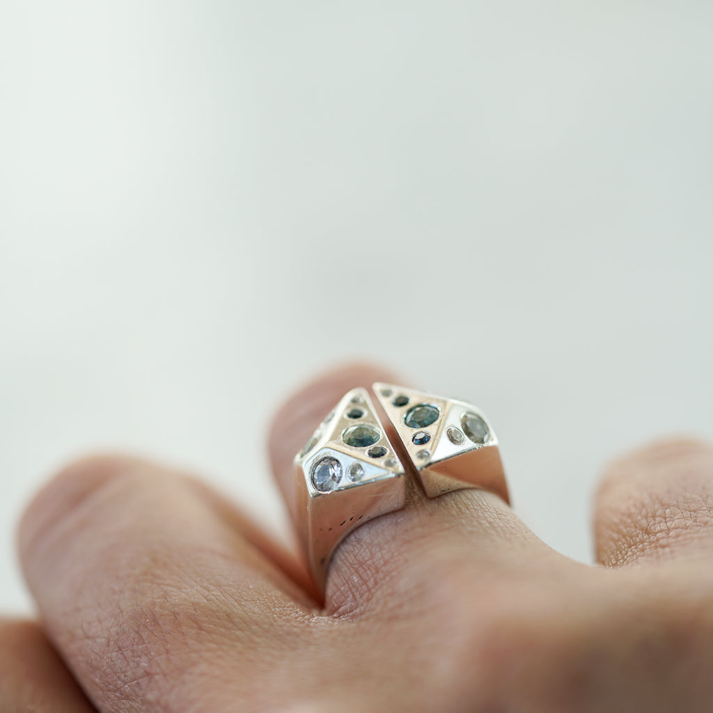 Blue and white sapphire geometric signet silver ring