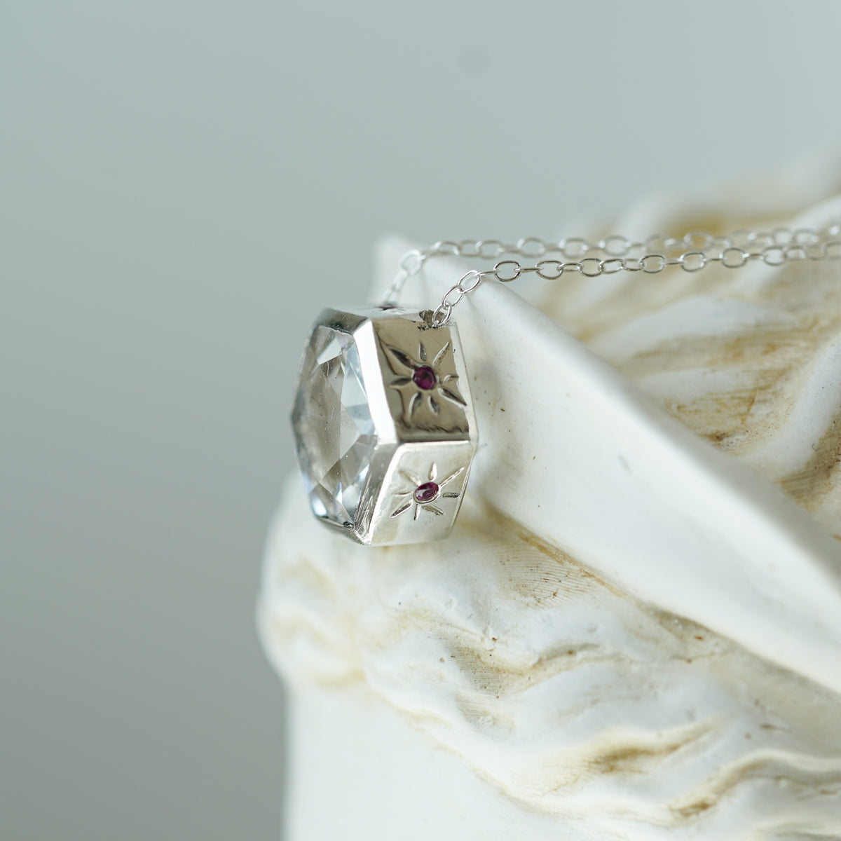 Hexagon White Quartz silver necklace