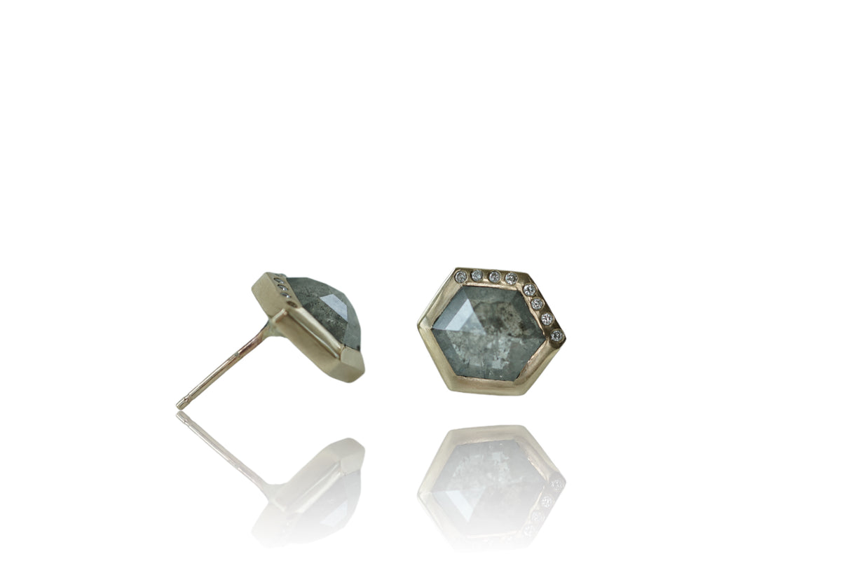 Salt and Pepper Hexagon Diamond earrings w/ accent diamonds