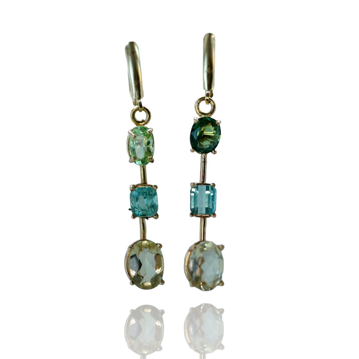 Triple Tourmaline Beryl gold earrings