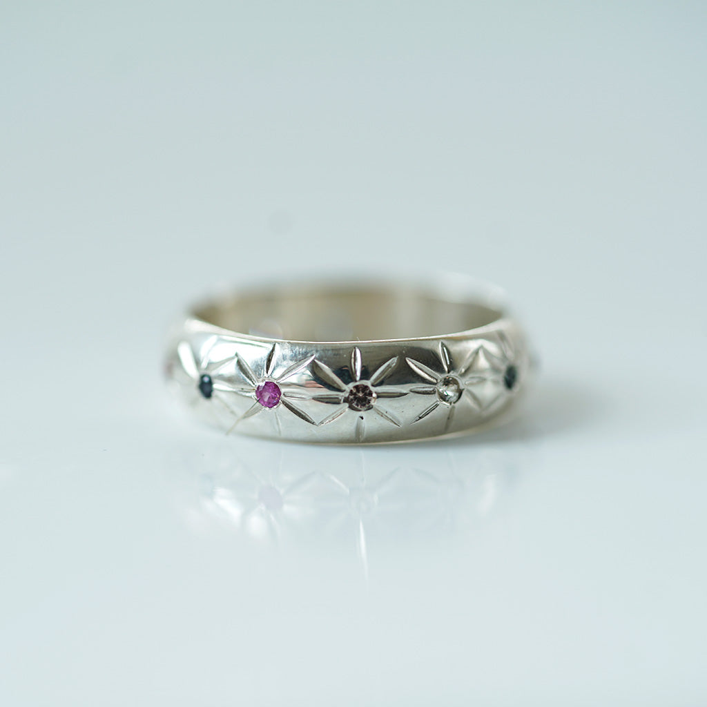 Cross star multicolored sapphires silver ring