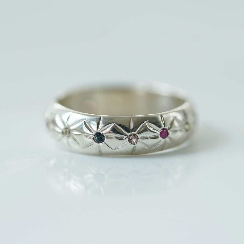 Cross star multicolored sapphires silver ring