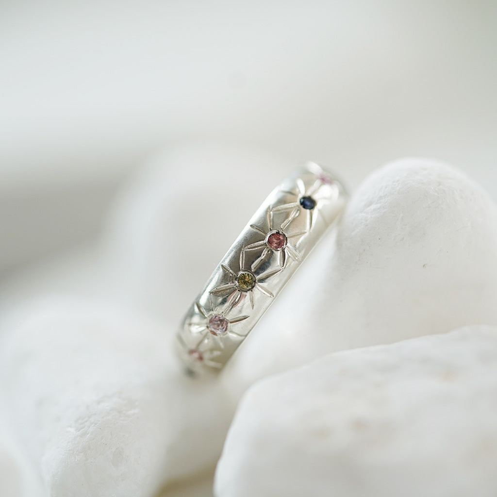 Cross star multicolored sapphires silver ring