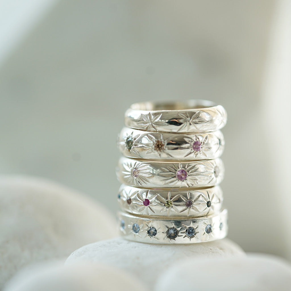 Cross star multicolored sapphires silver ring